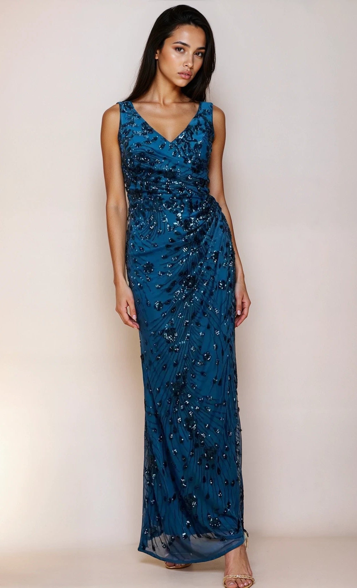 Nadia Navy Sequin Embellished Side Gather Maxi Dress