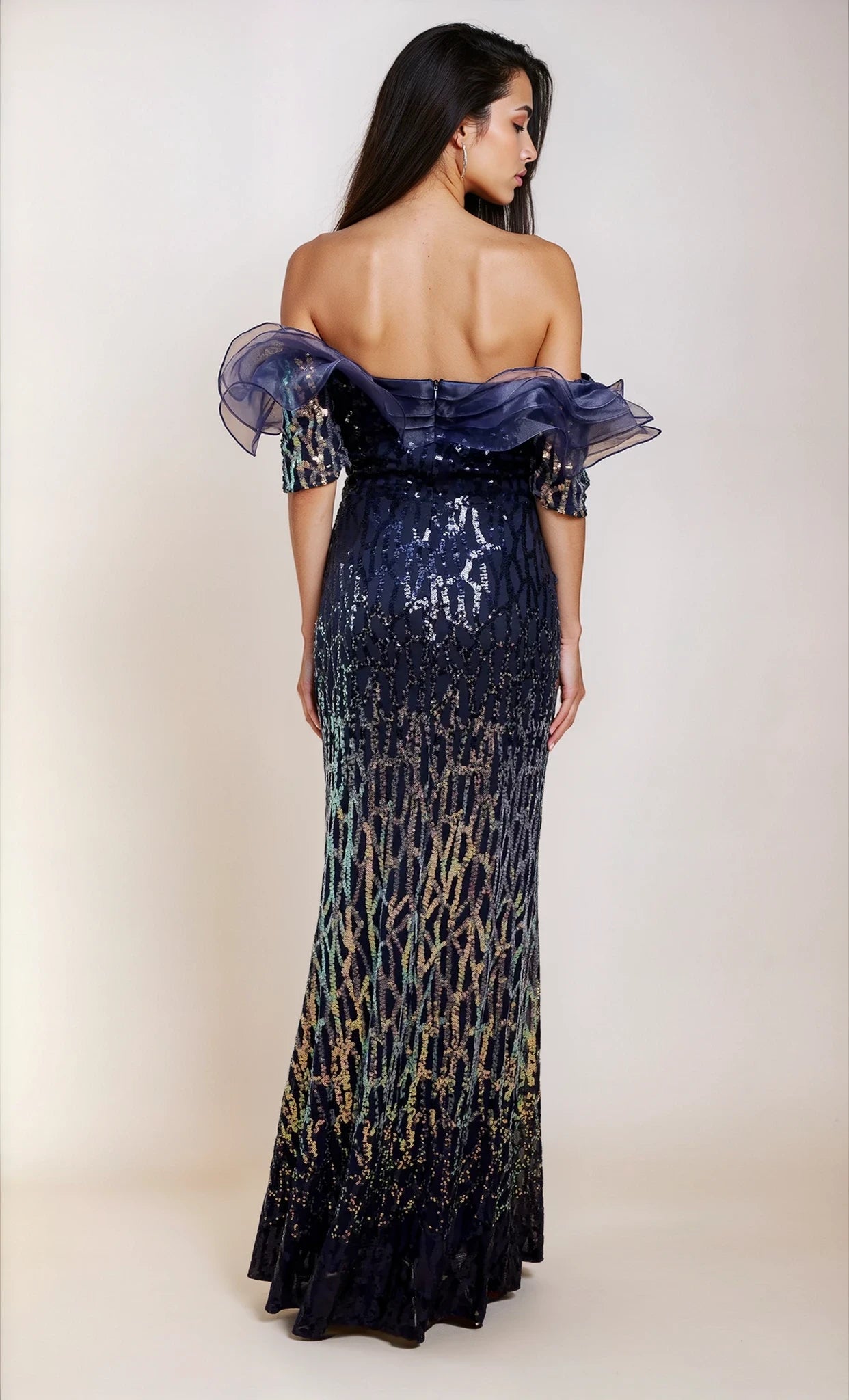 Thalia Navy Sequin Ombre Maxi Dress with Organza Ruffle Neckline