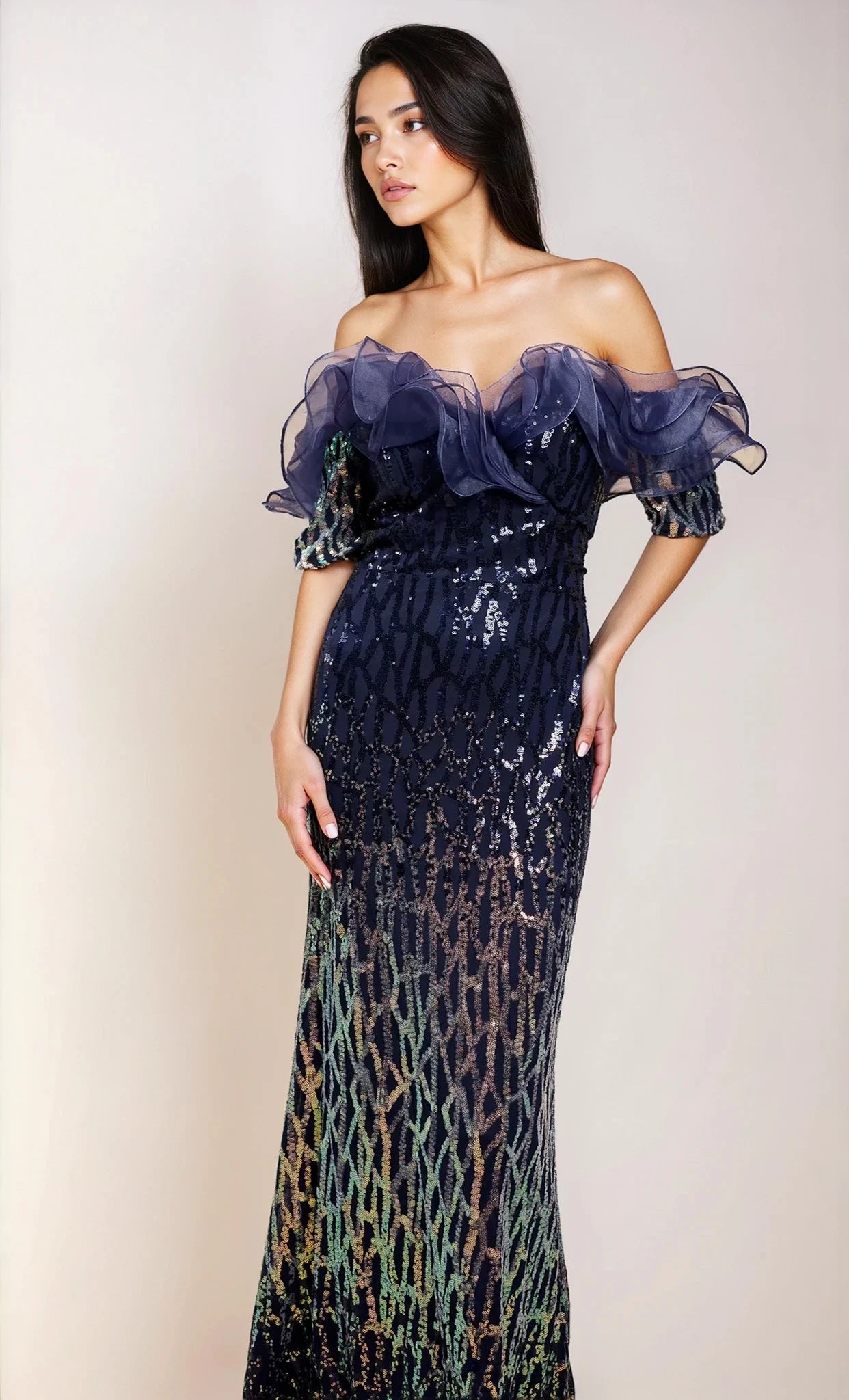 Thalia Navy Sequin Ombre Maxi Dress with Organza Ruffle Neckline