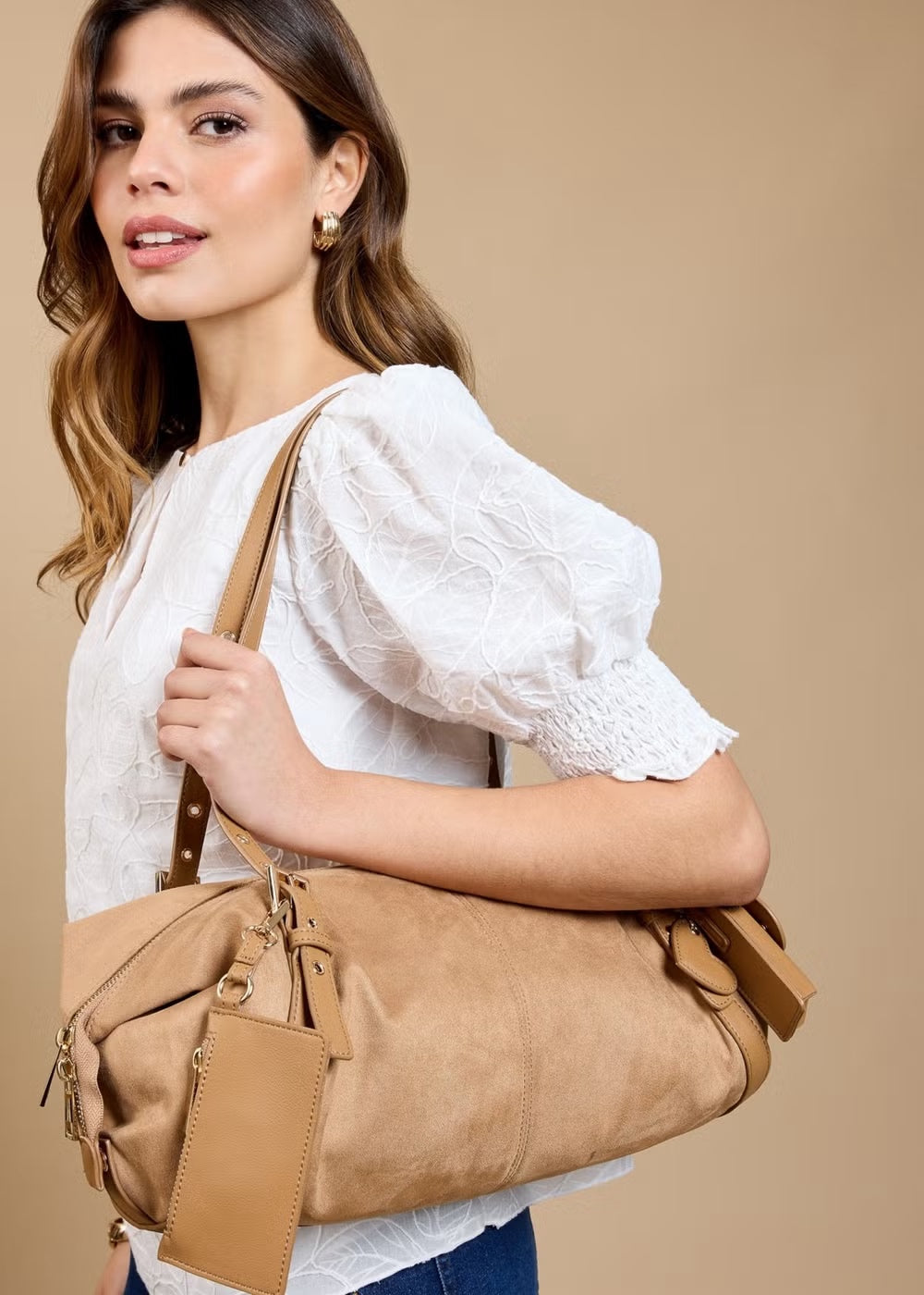 Jessica Camel Faux Suede Shoulder Bag
