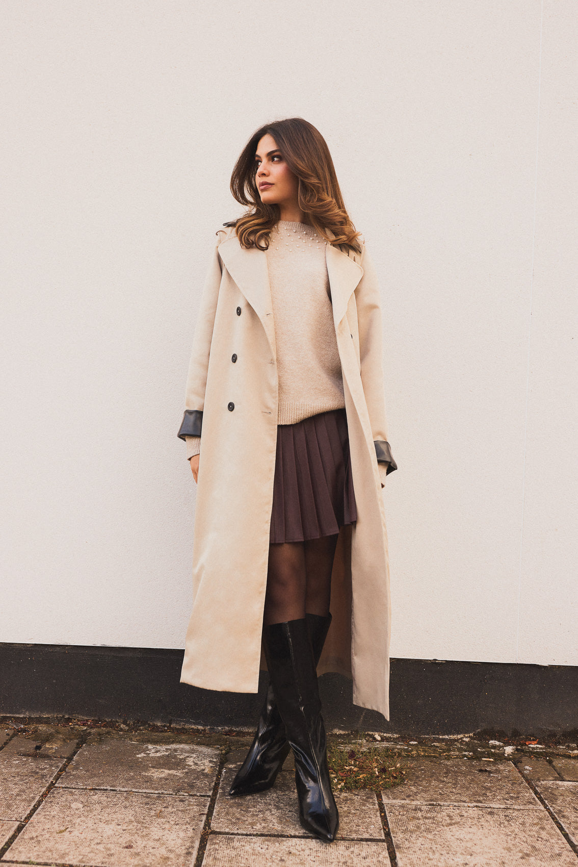 Katya Camel PU Contrast Trim Trench Coat
