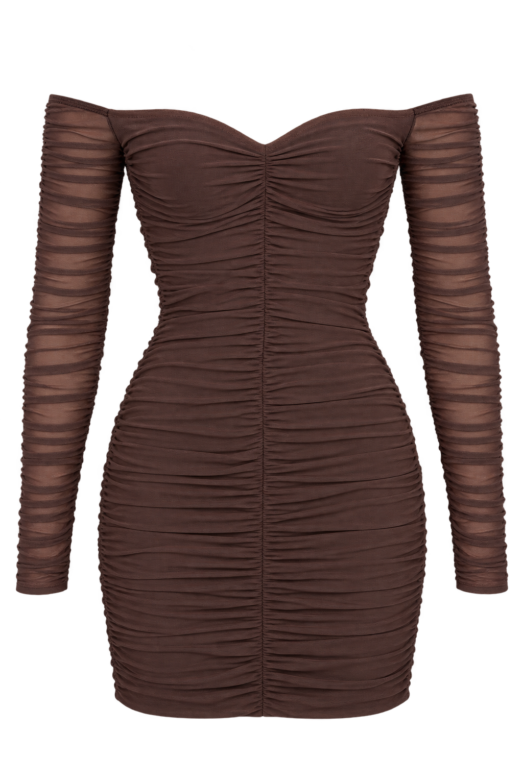 Remedios Chocolate Brown Mesh Ruched Bardot Mini Dress by Chloe Lewis