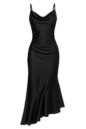 Alma Black Satin Asymmetric Hem Midaxi Dress by iSKA