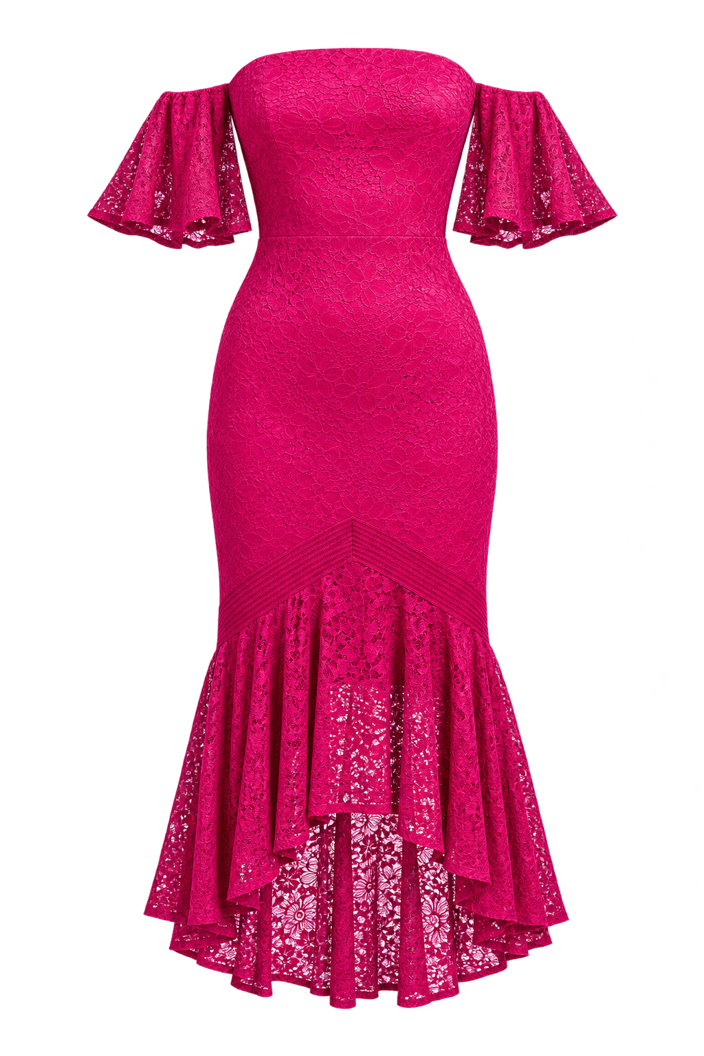 Thomas Pink Lace Bardot Midi Dress with Fishtail Hem by iSKA