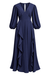 Faith Navy Satin Draped Frill Midaxi Dress by iSKA