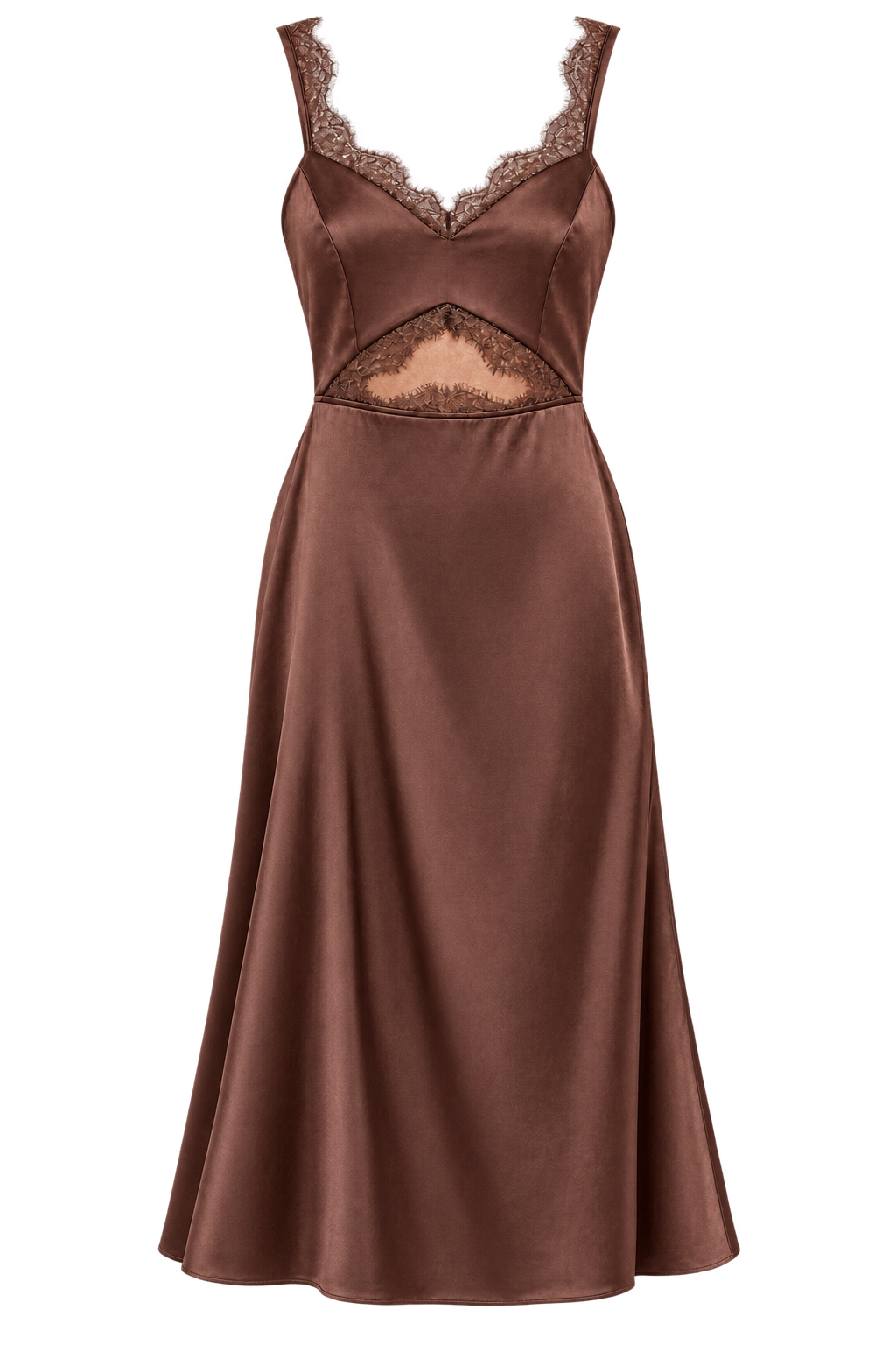 Ithell Chocolate Lace Trim Satin Midi Dress by Chloe Lewis