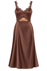 Ithell Chocolate Lace Trim Satin Midi Dress by Chloe Lewis