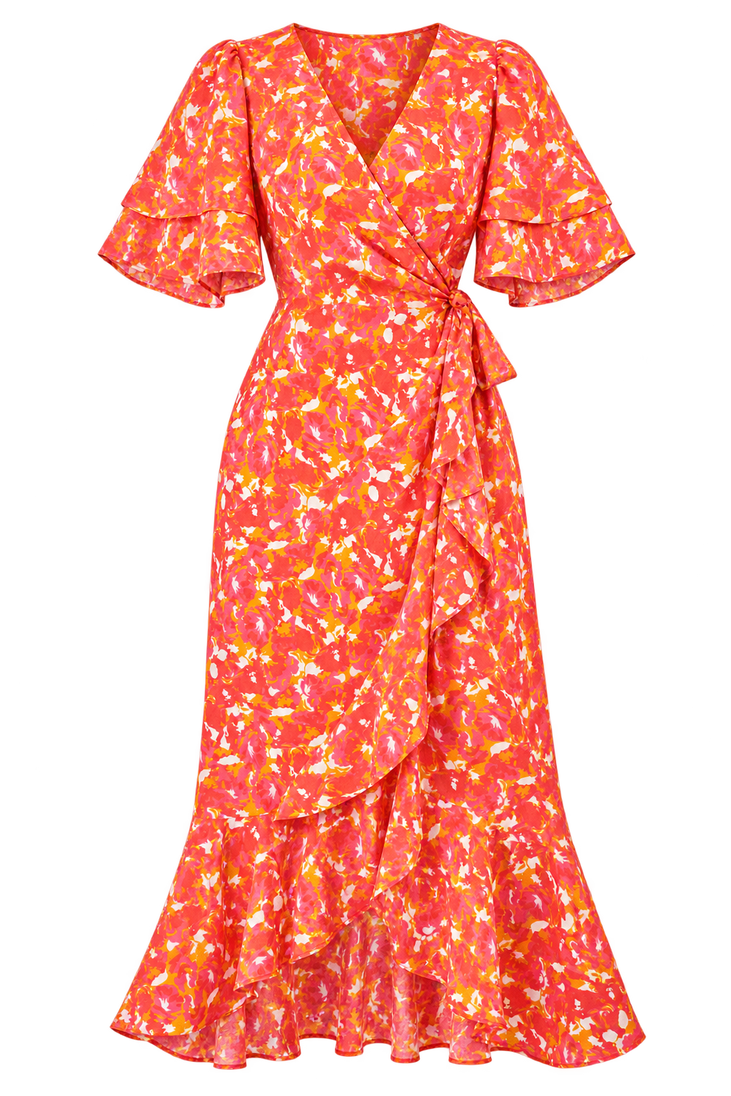 Klee Floral Print Angel Sleeve Midi Wrap Dress