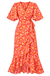 Klee Floral Print Angel Sleeve Midi Wrap Dress