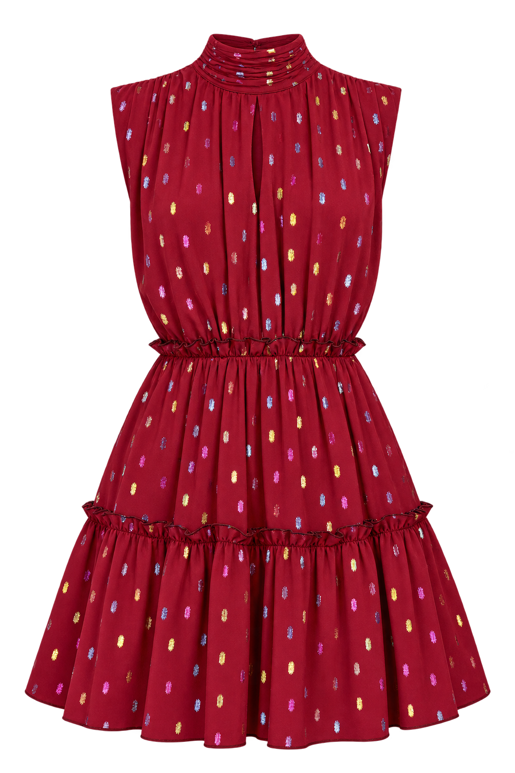 Tamayo Berry Rainbow Foil Tiered Mini Dress