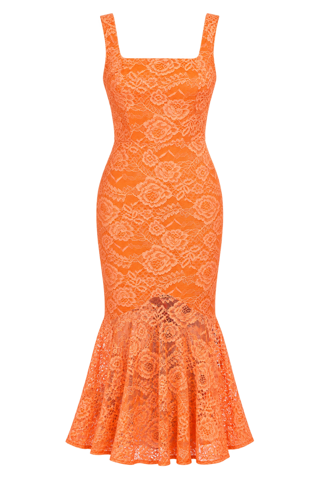 Carmela Orange Lace Square Neck Fishtail Midaxi Dress by iSKA