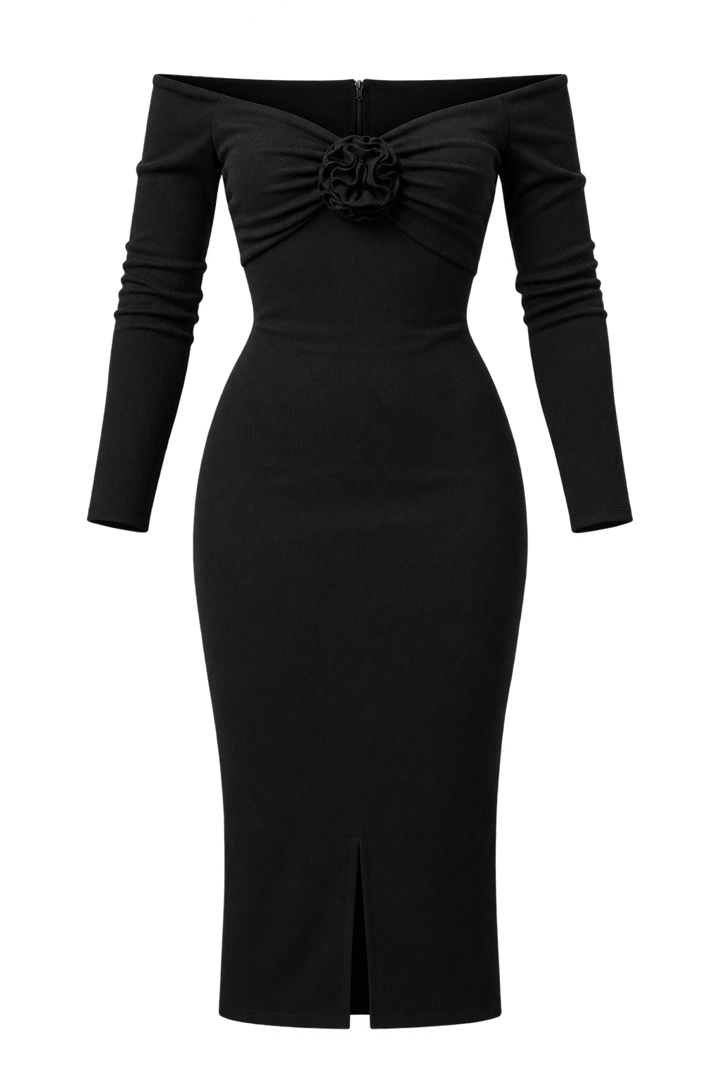Celine Black Bardot Rosette Midi Dress