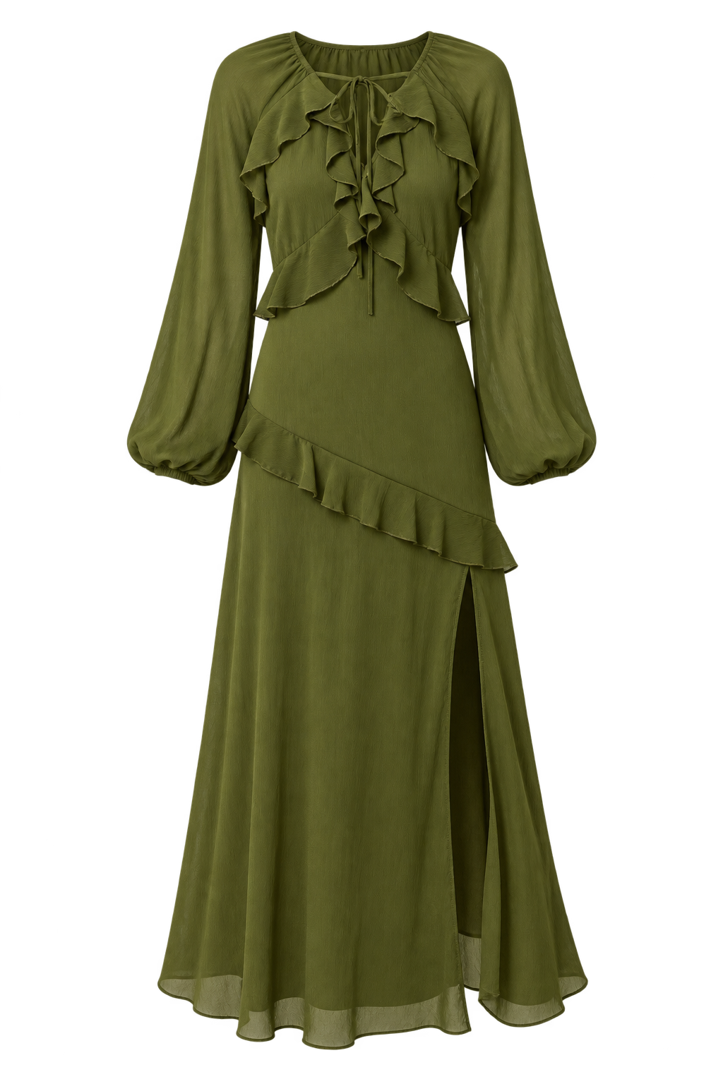 Lumière Khaki Chiffon Ruffle Maxi Dress