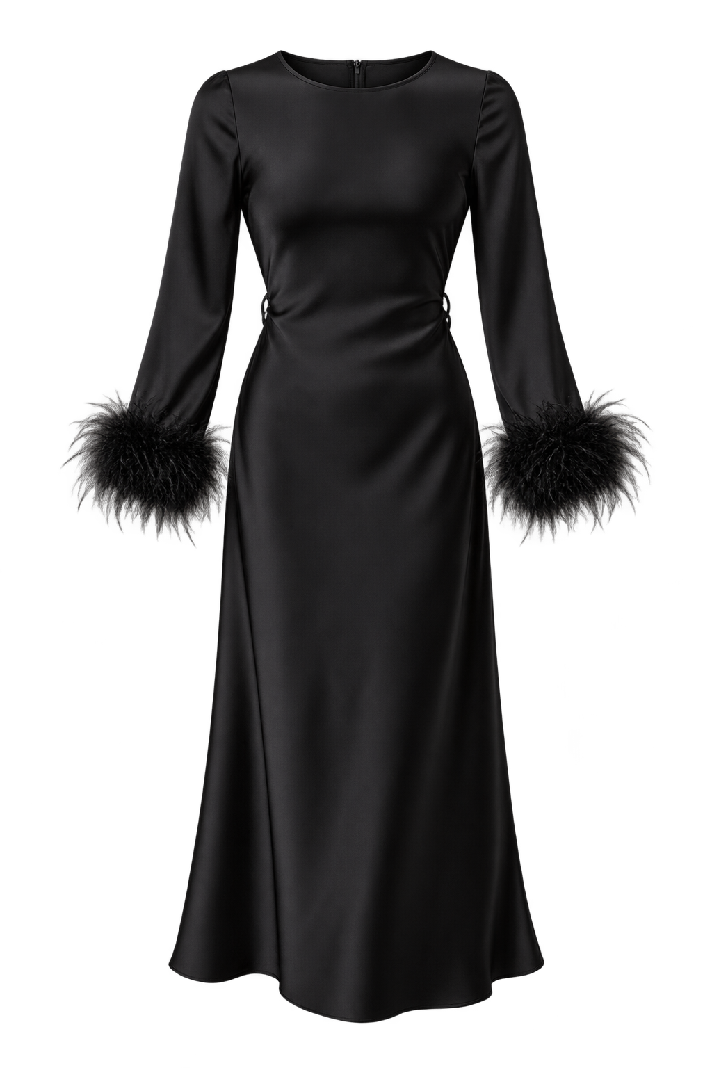 Riviera Black Satin Feather Trim Sleeve Midaxi Dress