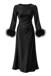 Riviera Black Satin Feather Trim Sleeve Midaxi Dress