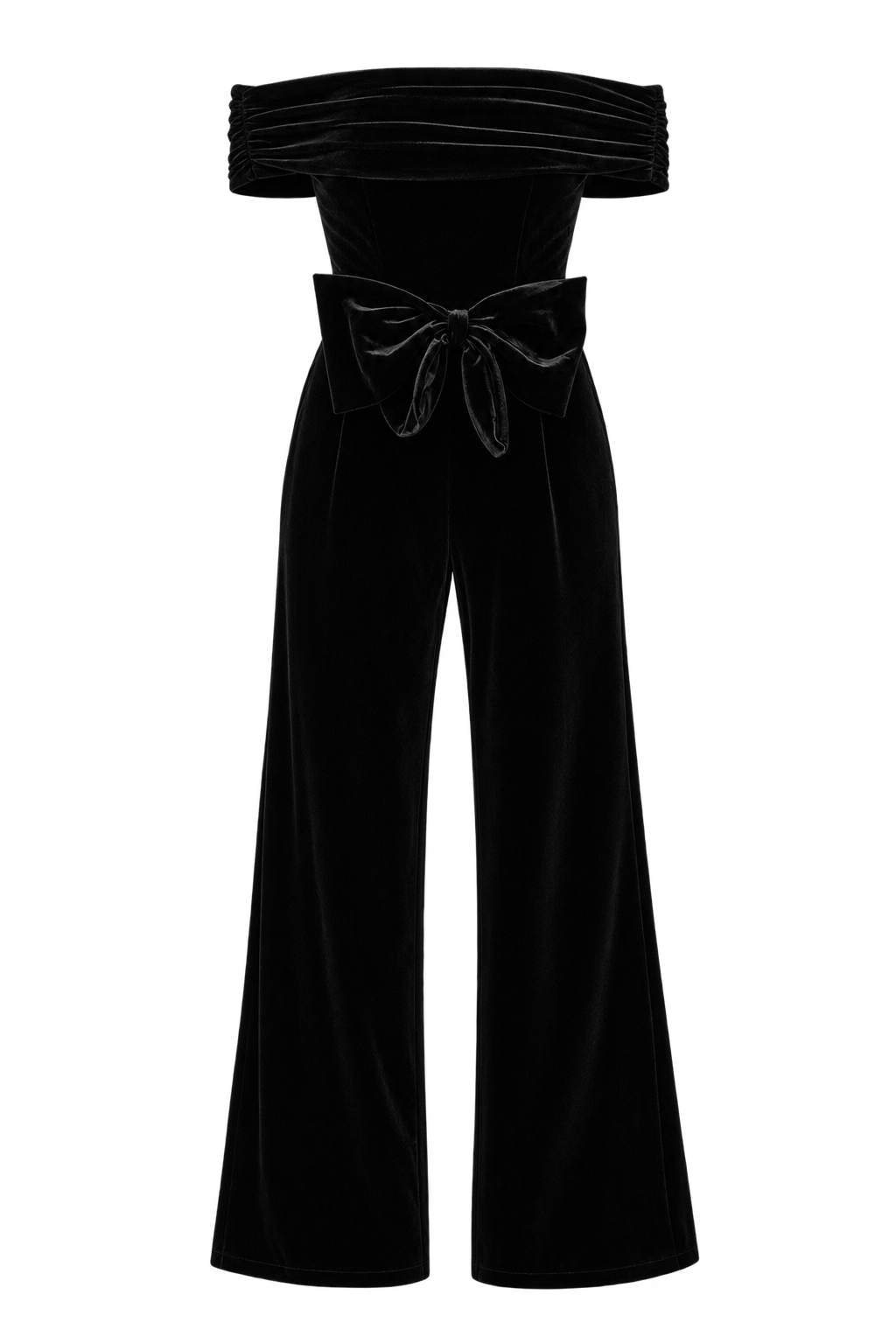 Selene Black Velvet Bow Detail Bardot Jumpsuit