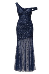 Capri Navy Asymetric Embellished Maxi Dress