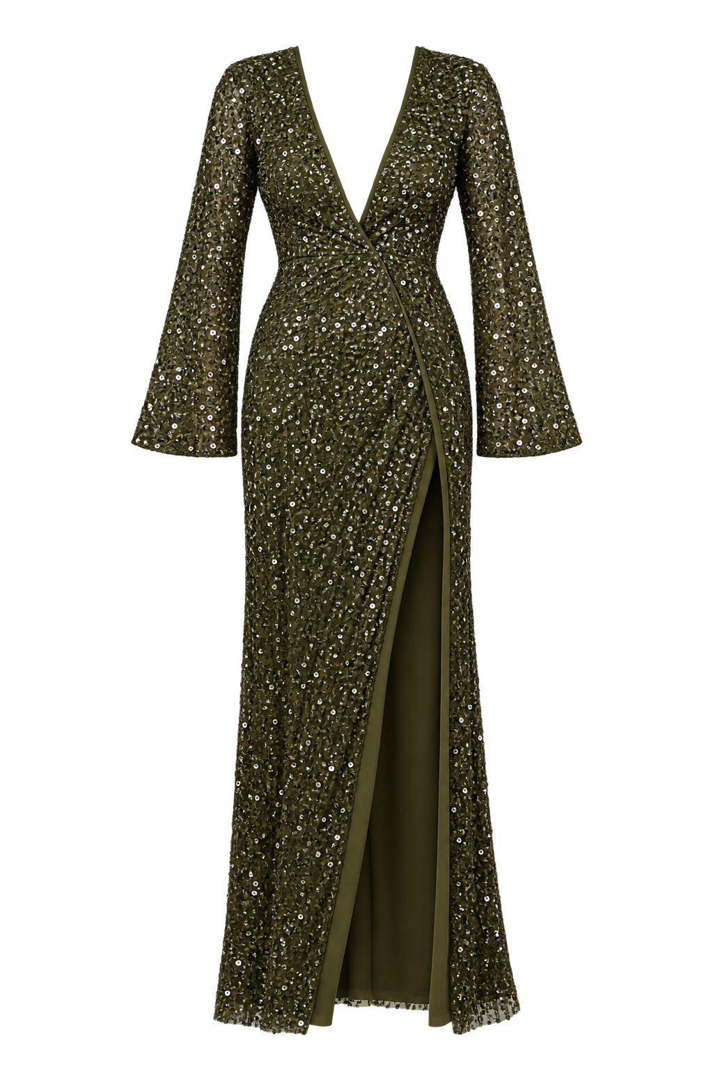 Elissa Olive Wrap Embellished Maxi Dress