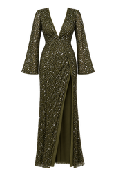 Elissa Olive Wrap Embellished Maxi Dress
