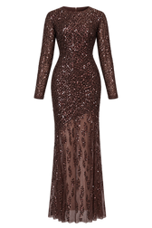 Eliza Brown Long Sleeve Open Back Embellished Maxi Dress