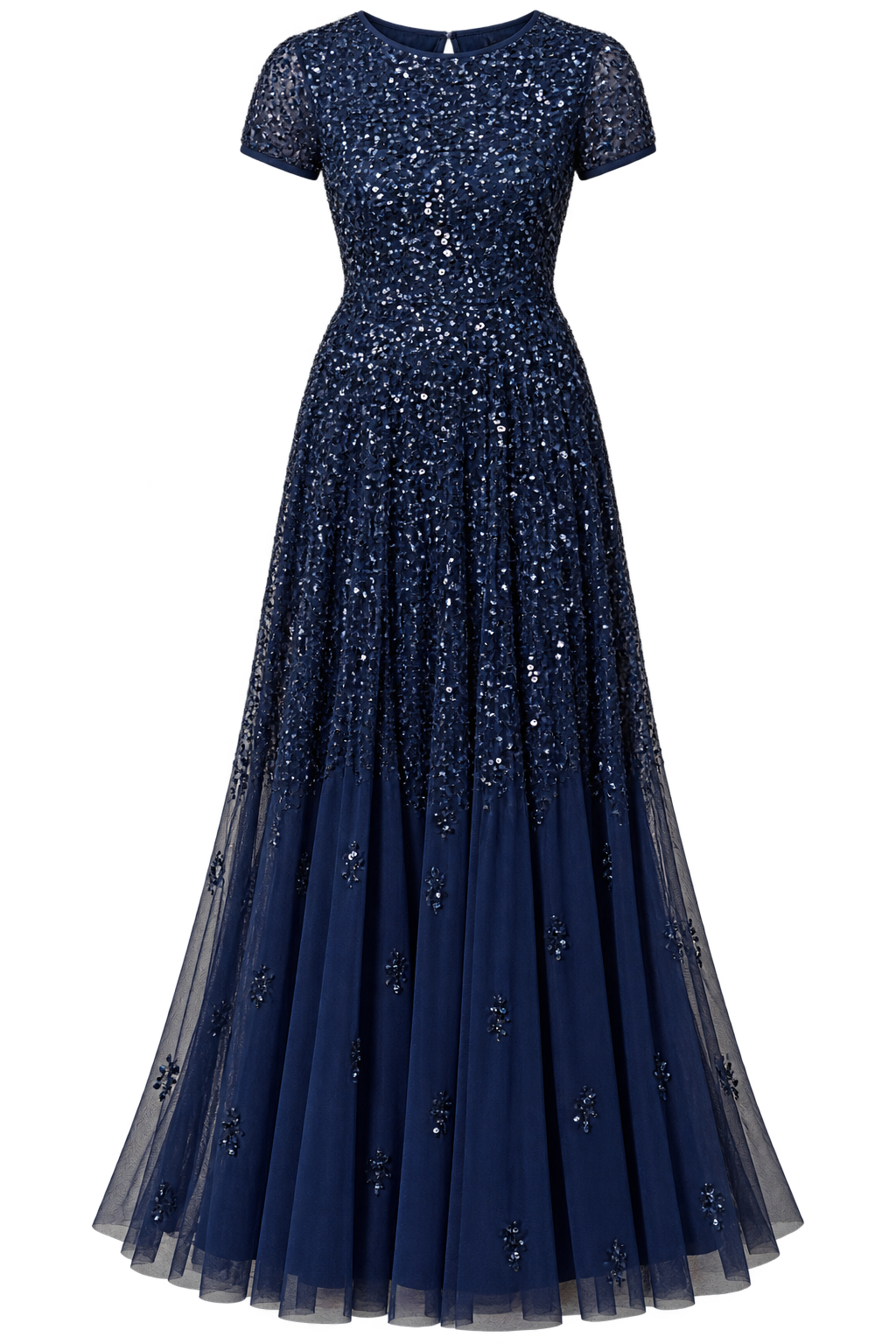 Lydia Navy Short Sleeve Embellished Maxi Dress