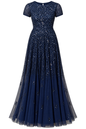 Lydia Navy Short Sleeve Embellished Maxi Dress