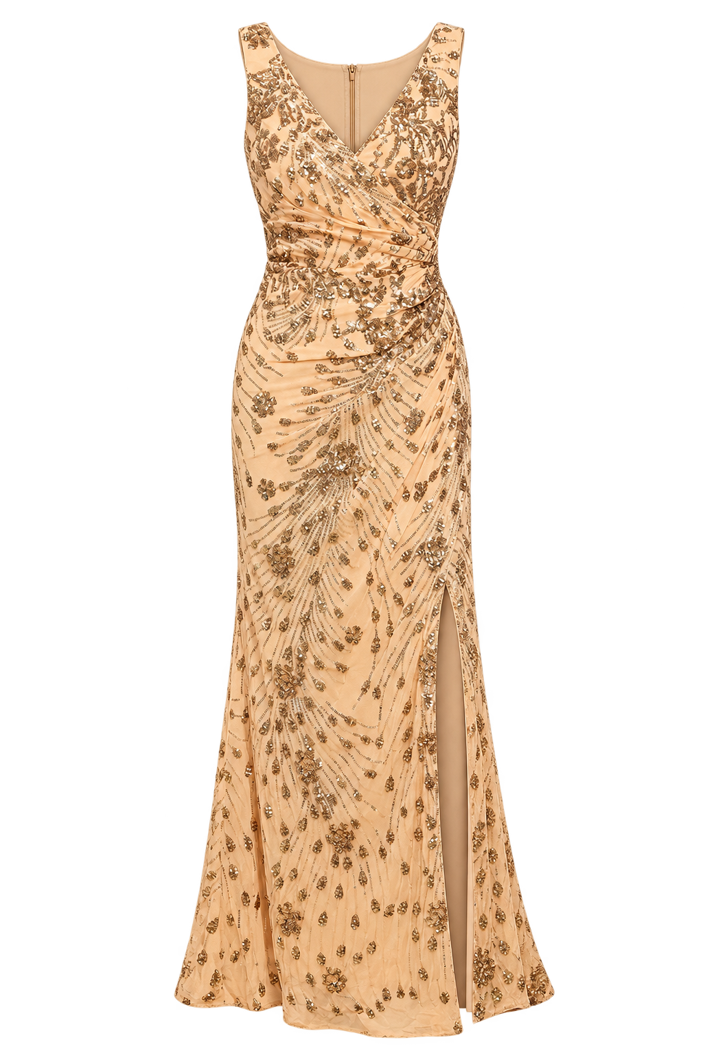 Fleur Gold Sequin V‑Neck Side Gather Maxi Dress