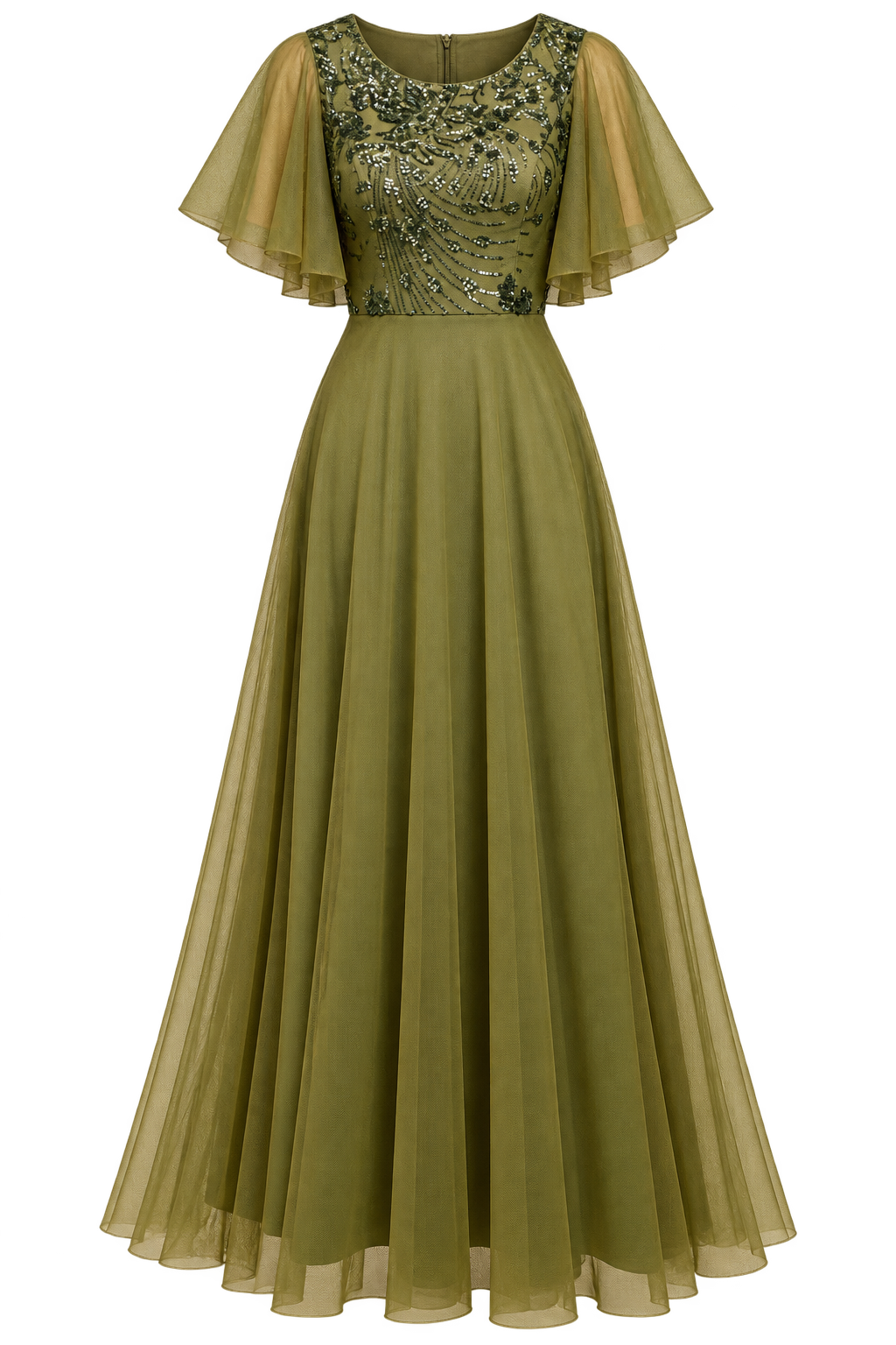 Flora Khaki Sequin Angel Sleeve A‑Line Maxi Dress