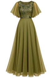 Flora Khaki Sequin Angel Sleeve A‑Line Maxi Dress