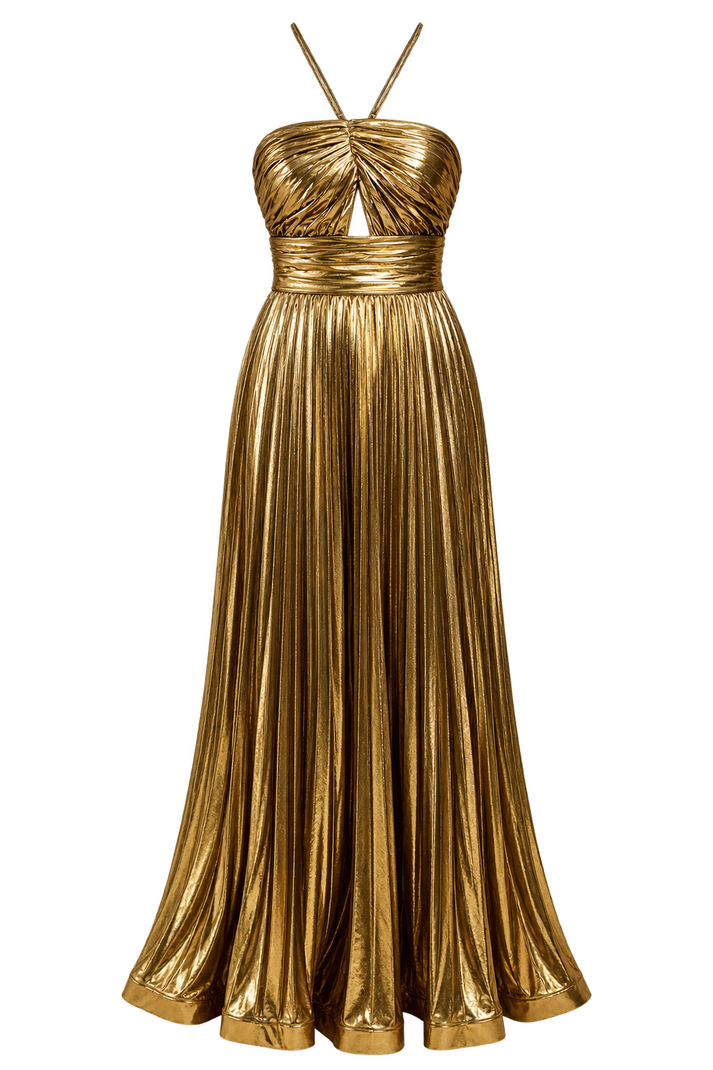 Valencia Gold Metallic Pleated Maxi Dress