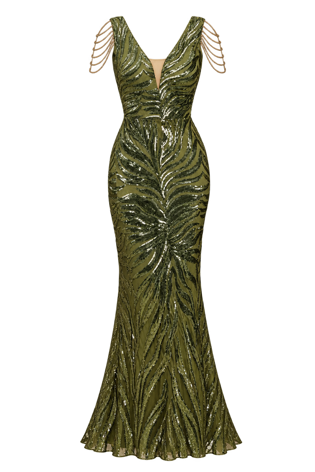 Florence Khaki Sequin Deep V‑Neck Fishtail Maxi Dress