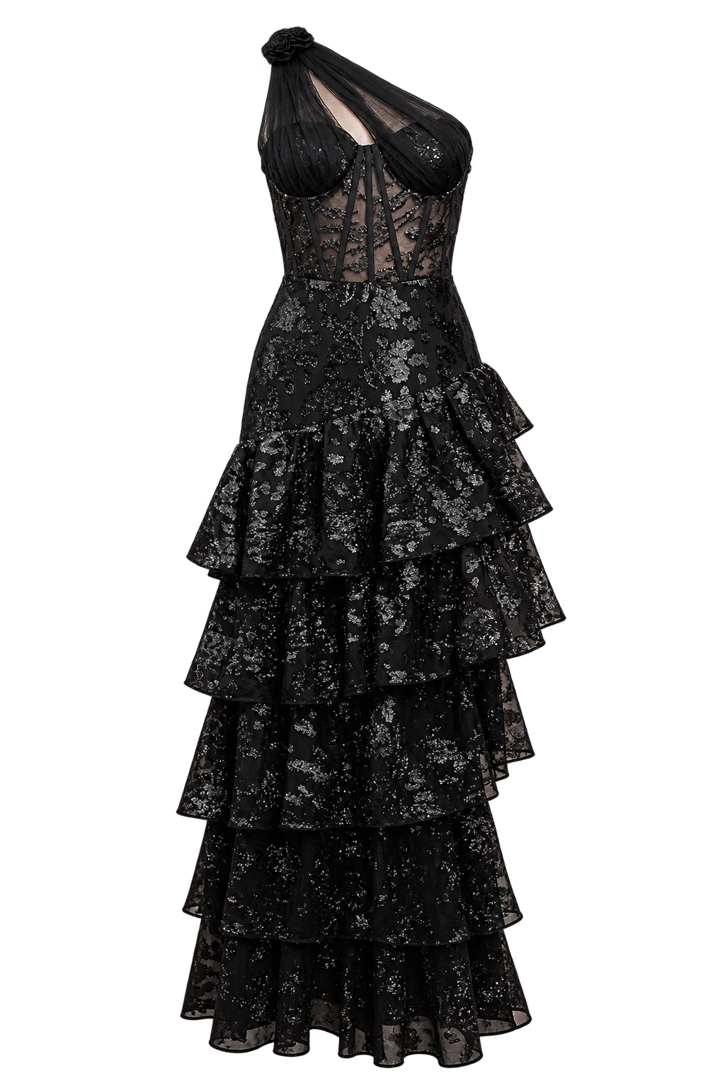 Viviana Black Tiered Ruffle One Shoulder Sequin Maxi Dress