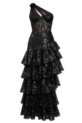 Viviana Black Tiered Ruffle One Shoulder Sequin Maxi Dress