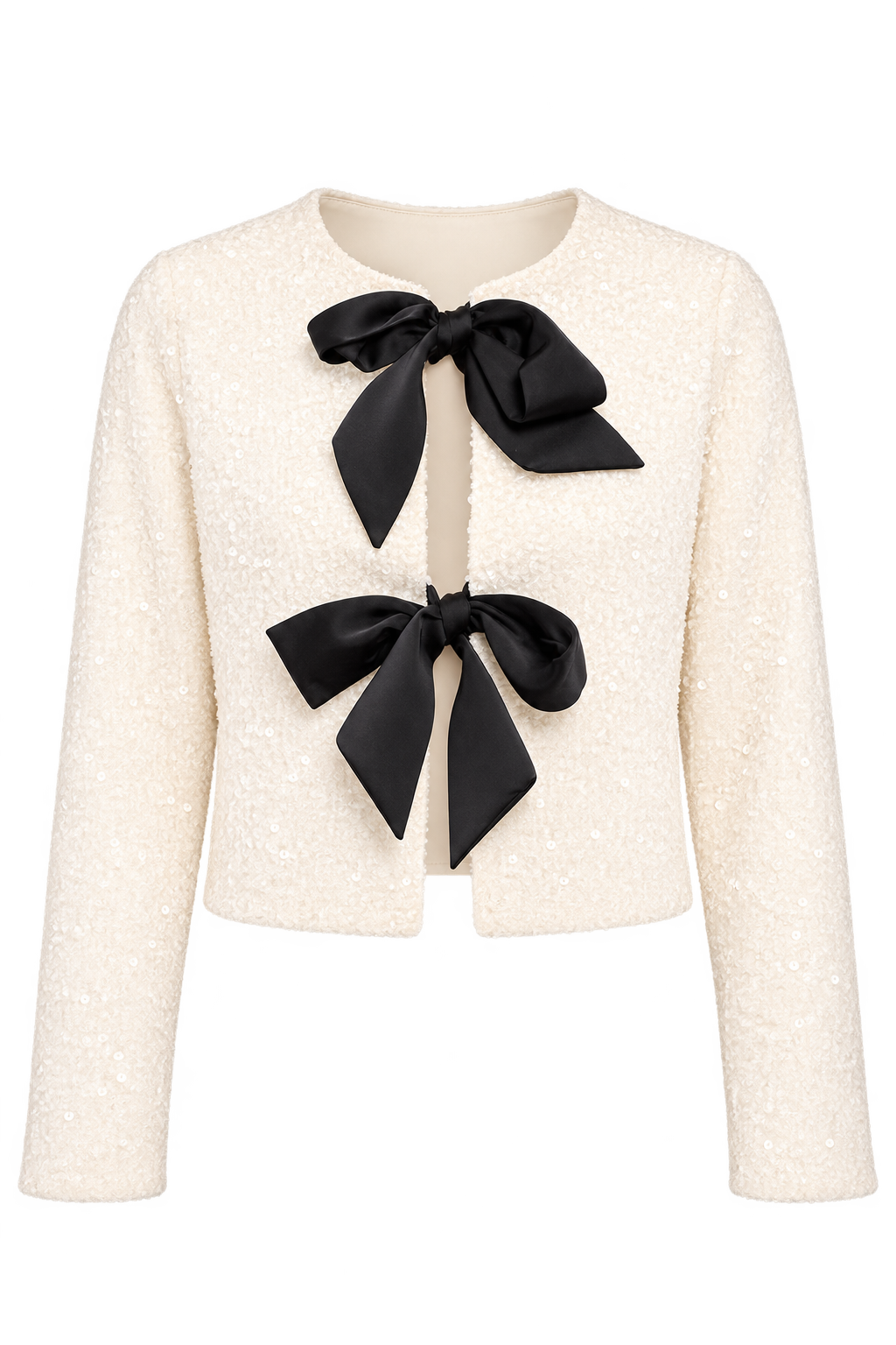 Imelda Cream Sequin Bow Detail Long Sleeve Bolero Top
