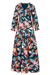 Barcelona Leaf Print Satin Frill Maxi Dress