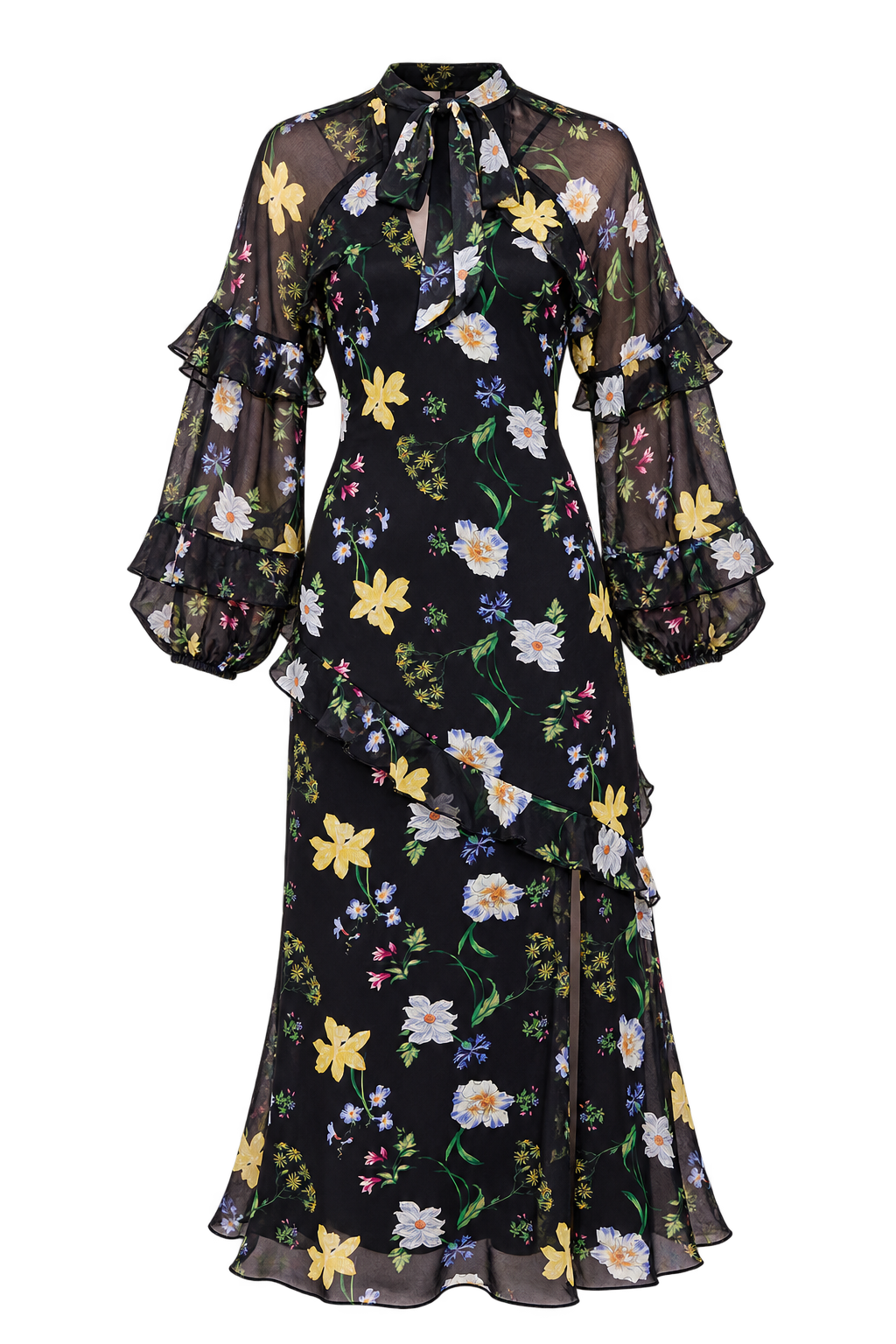 Liora Black Floral Print Frill Midaxi Dress