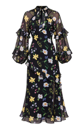 Liora Black Floral Print Frill Midaxi Dress