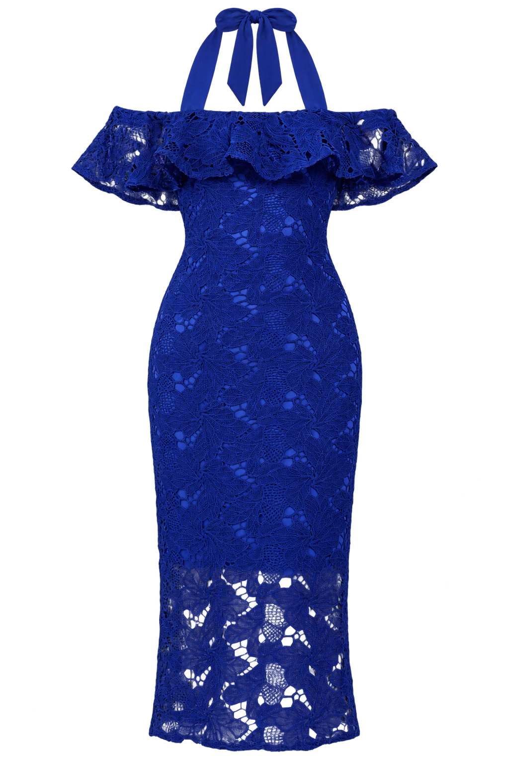 Cassia Blue Crochet Bardot Midaxi Dress