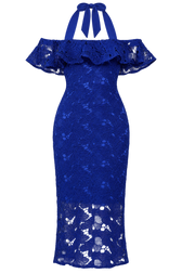 Cassia Blue Crochet Bardot Midaxi Dress