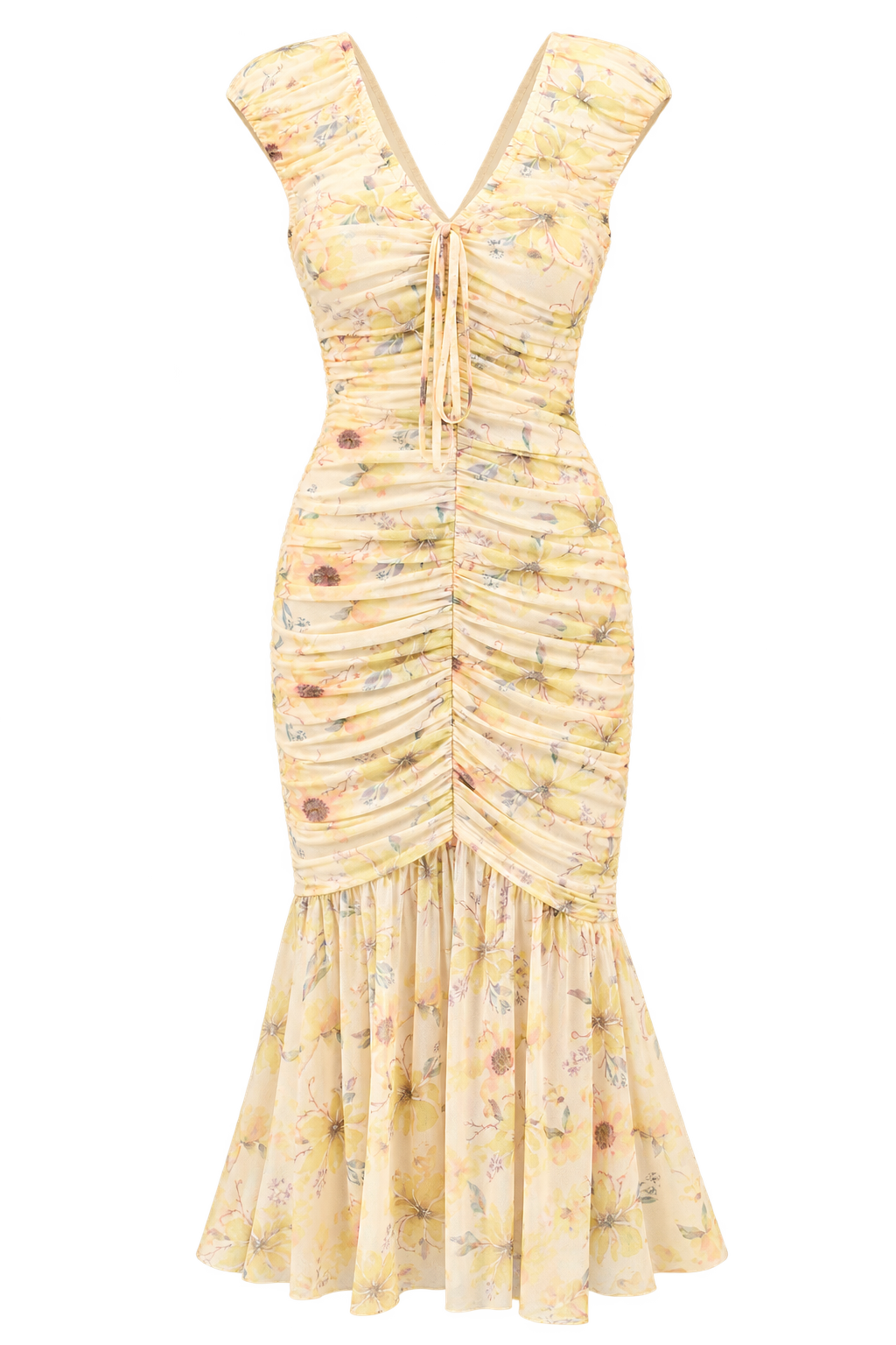 Fiorenza Yellow Floral Print Ruched Midaxi Dress