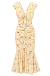 Fiorenza Yellow Floral Print Ruched Midaxi Dress
