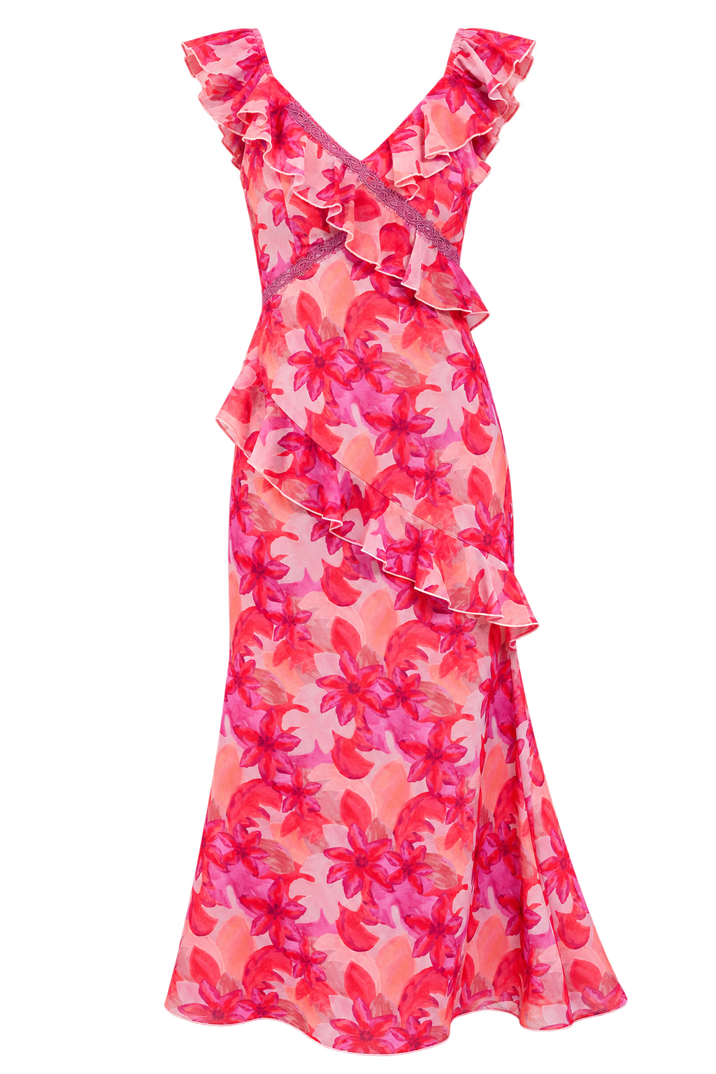 Nerida Pink Floral Print Ruffle Midaxi Dress