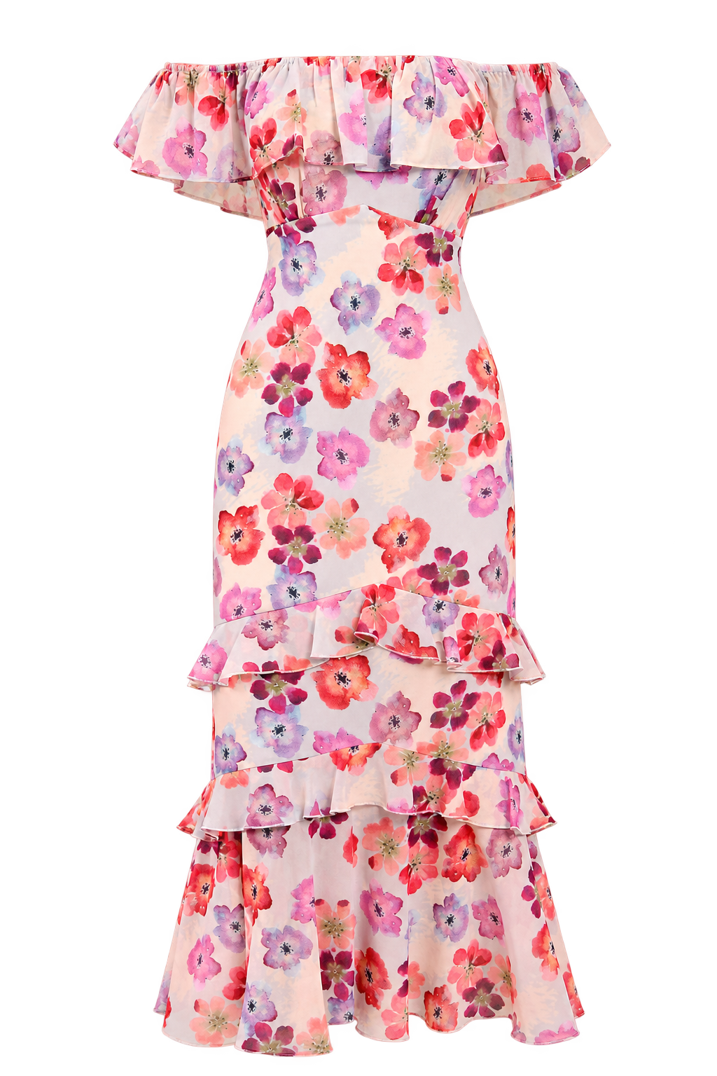 Noa Floral Print Ruffle Bardot Midaxi Dress