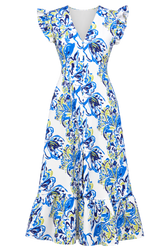 Honora Blue Floral Print Button Down Midaxi Dress