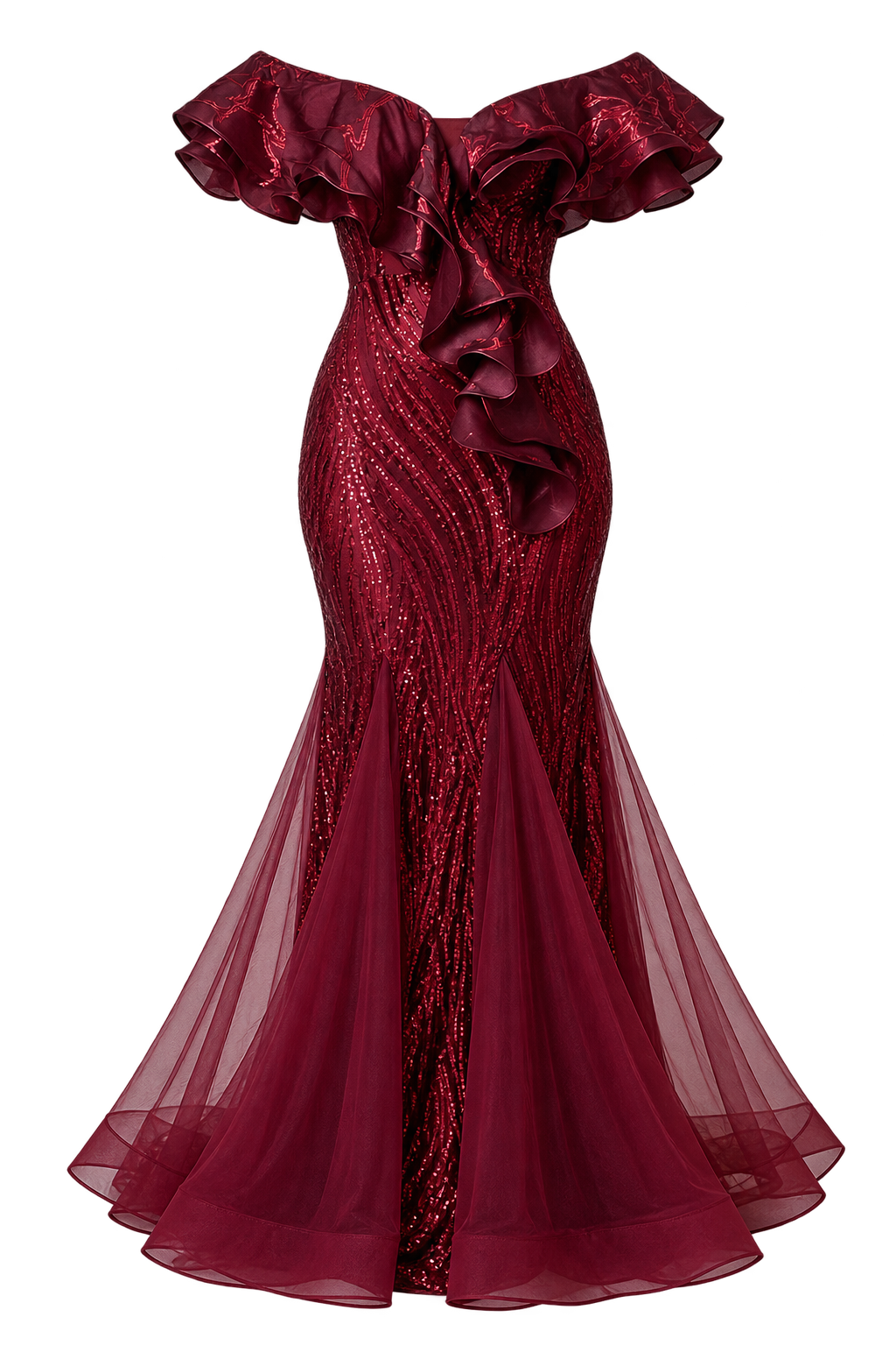 Sorelle Maroon Embellished Ruffle Maxi Dress