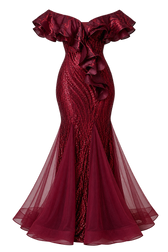 Sorelle Maroon Embellished Ruffle Maxi Dress