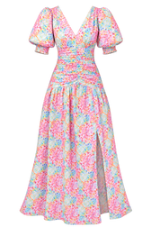 Hastings Multi Spot Print Gathered Puff Sleeve Maxi Dress