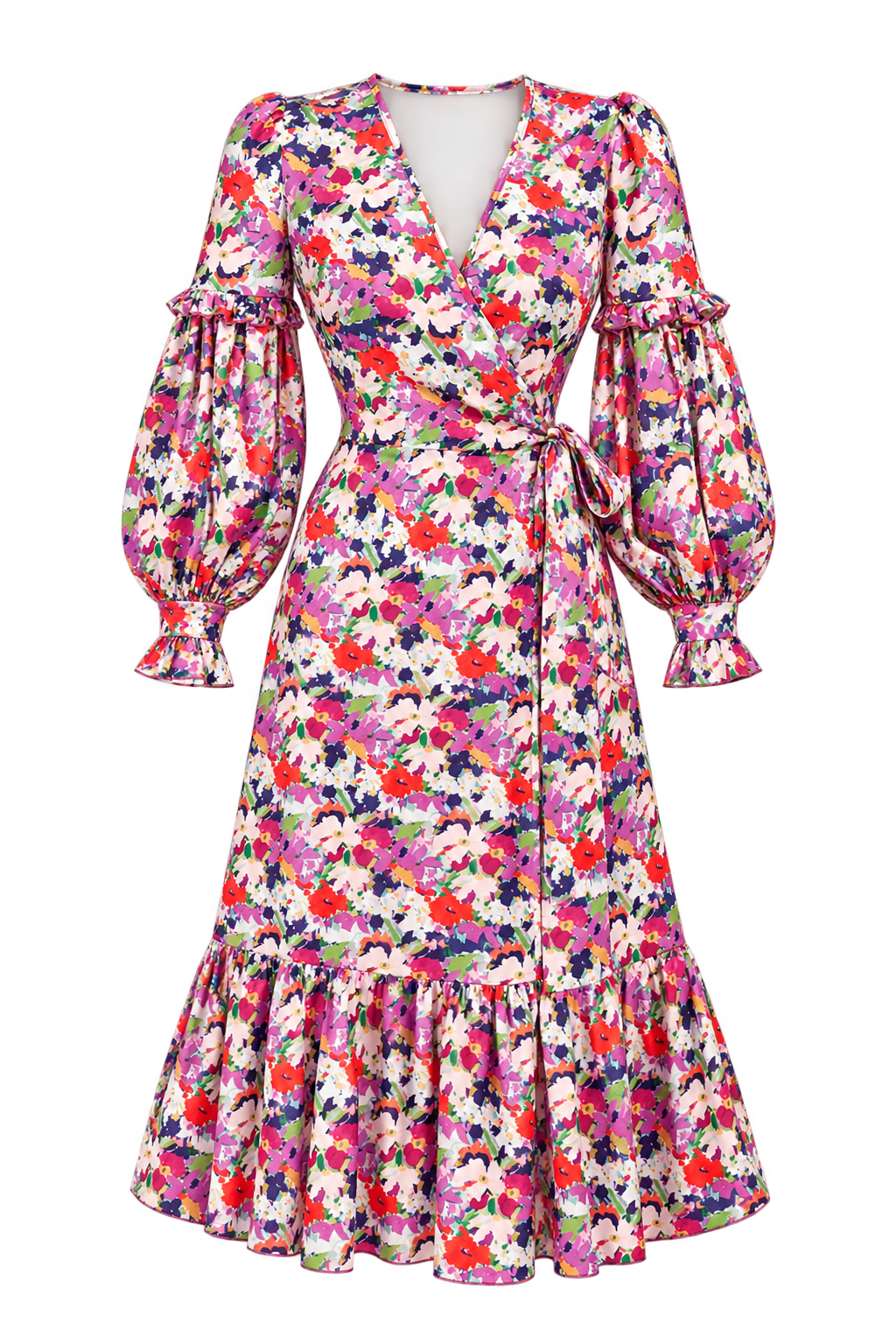 Kendra Floral Satin Wrap Dress with Peplum Hem