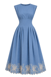 Krista Blue Sleeveless Embroidered Midi Dress