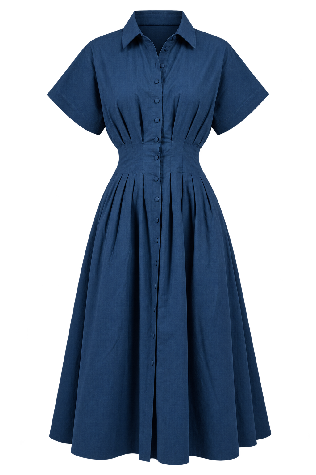 Leona Blue Cotton Linen Button-Down Midi Dress
